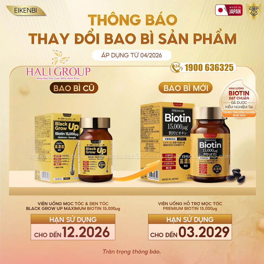 viên uống mọc tóc eikenbi premium biotin 15000µg mẫu mới