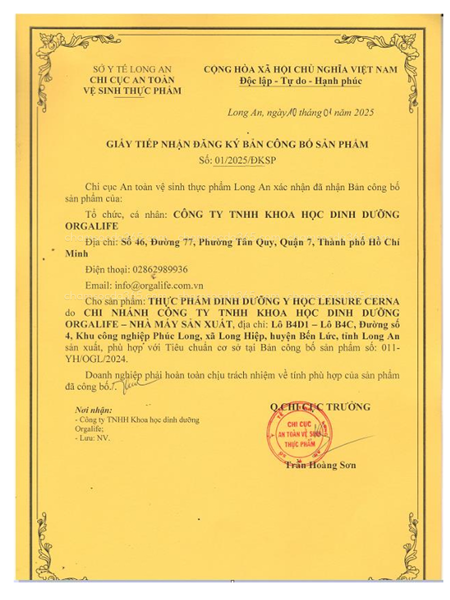 giấy tiếp nhận công bố Thực Phẩm Dinh Dưỡng Y Học Leisure Cerna